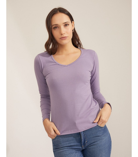 Remera Básica Cuello V, Manga Larga, De Mujer Taverniti 