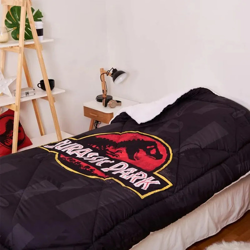 Kit Acolchado Edredón Corderito + Juego De Sabanas 1 1/2 Plz Negro Dinosaurio
