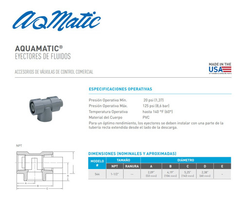 Aq-matic Inyector 1.5 Azul P/ Succión De Químico O Salmuera