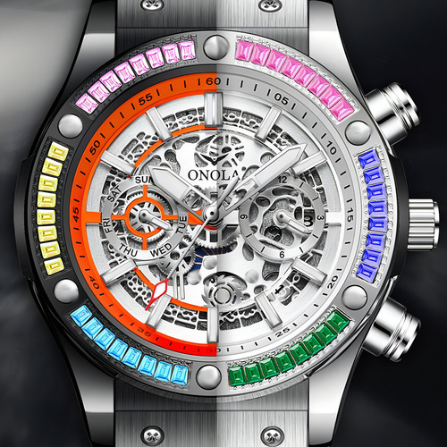 Reloj Mecánico Onola Con Diamantes Huecos Luminosos Color Del Bisel Silver/blue