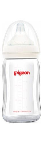 Mamadera Pigeon Softouch Vidrio Boca Ancha 160ML. Para Edades 0+ Meses Blanco