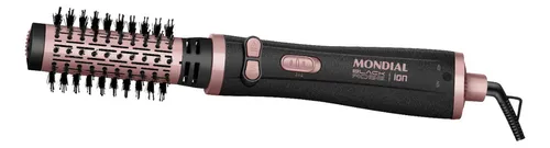 Escova rotativa Mondial ERB-01 Black Rose Ion em vista lateral, com corpo preto e detalhes em rose gold, cerdas pretas.