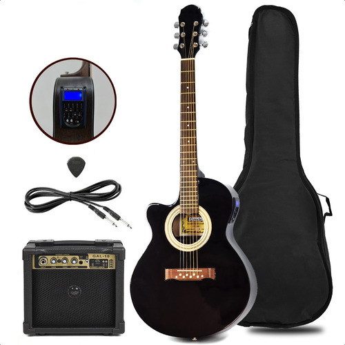 Guitarra Electroacustica Corte Zurdo + Ampli 10w + Cable Pua Color Negro G300