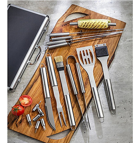 Imagen 4 de 10 de Kit Utensilios De Acero Asador Bbq 18pz. Mrbeef Estuche Pro