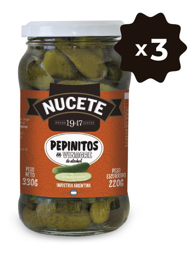 Imagen 1 de 3 de Combo Pepinos En Vinagre Frasco Nucete 330 Gr X 3