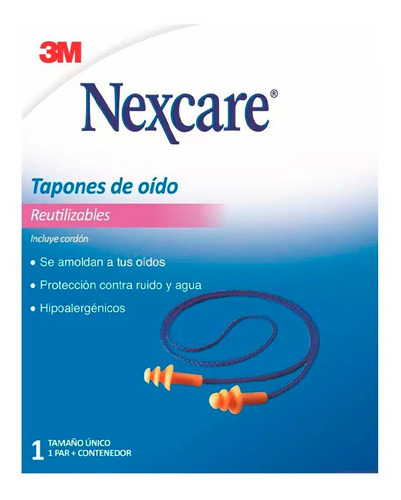 Imagen 1 de 1 de Tapones De Oído Nexcare Para Agua Reutilizable Cordón Y Caja