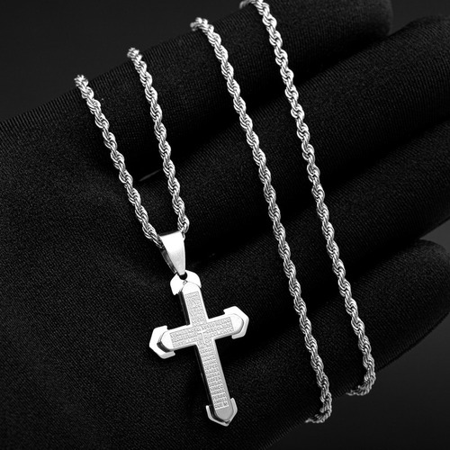 Conjunto Colar Pulseira Masculina Aço Inox Prata J-1294 Cruz