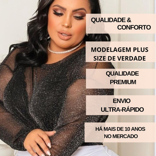 Blusa Plus Size Brilhosa Transparente Em Lurex Premium