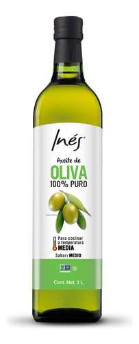 Inés Aceite de Oliva 100% Puro 1 Litro Sin Gluten Sabor y Temperatura de Cocción Media