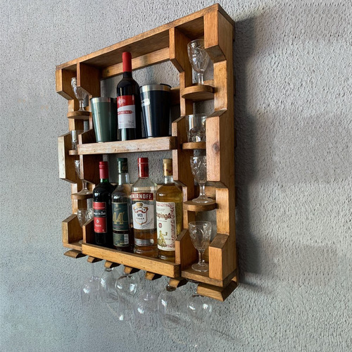 Imagem 6 de 9 de Bar Adega Parede Madeira Rústica Garrafas Porta Taças Copos