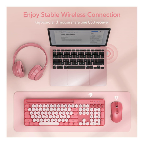 Combo De Teclado Y Mouse Inalámbricos, Teclado Retro Redondo Rosa.