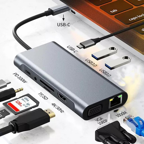 Adaptador Multiportas 10 Em 1 Tipo C Hdmi Ethernet Sd Bk-c3
