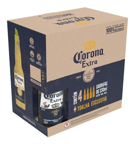 Kit Cerveja Presente 4 Long Neck 330ml E 1 Toalha Corona