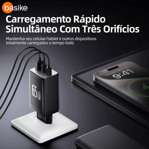 Carregador Turbo 65w Tipo-C e USB Para Samsung iPhone Motorola Cor Preto
