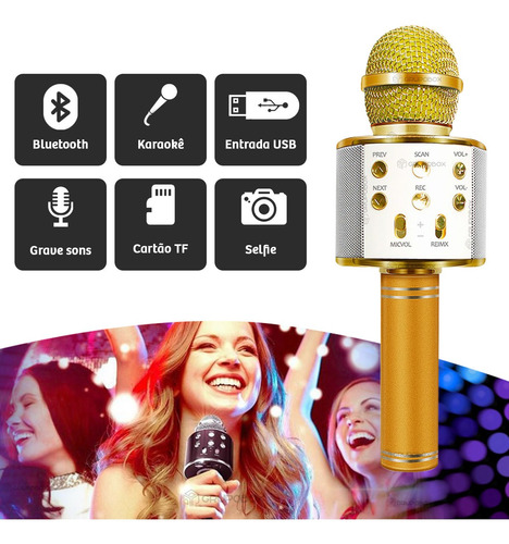 Microfone Karaoke Sem Fio Muda Voz Bluetooth Youtuber Som Cor Dourado