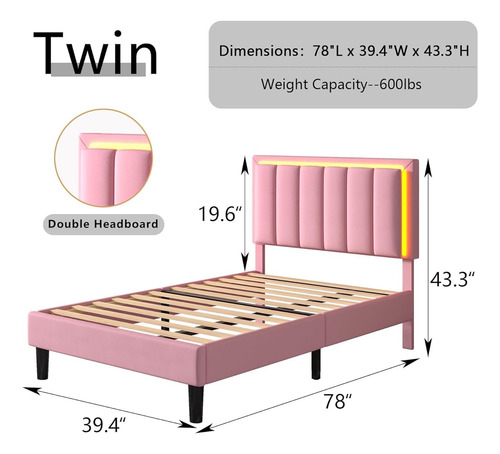 Base De Cama Individual Color Rosa C/cabecera Con Luz Led