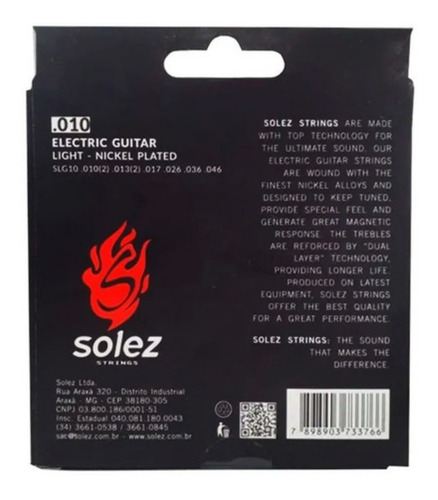 Imagem 2 de 3 de Encordoamento P/ Guitarra Solez 010 C/ 2 Cordas Extra