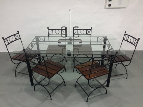 Imagen 4 de 4 de Mesa 160x80 + 6 Sillas Hierro Romano Madera + Vidrio 10mm