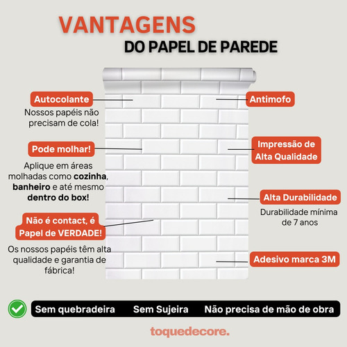 Azulejo Metro White Adesivo Para Cozinha Moderno Lavável 10m