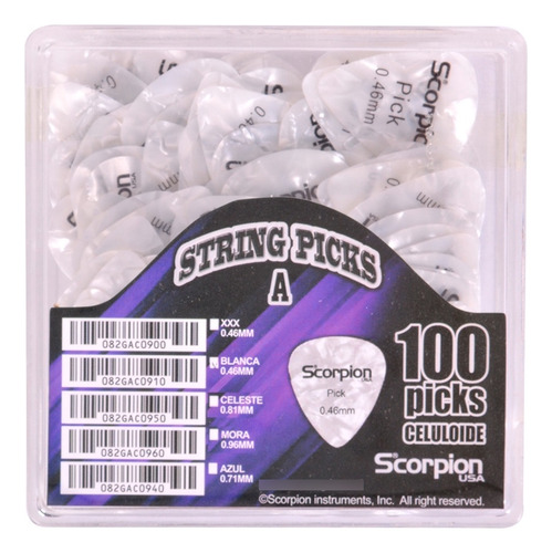 Caja 100 Uñetas A 0.46mm Celuloide Blanca Caw-046 Scorpion