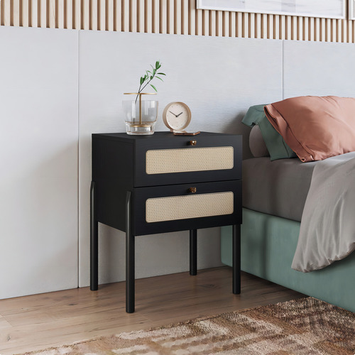Mesa De Cabeceira 2 Gavetas Palhinha Pé Madeira Oslo Hcwt