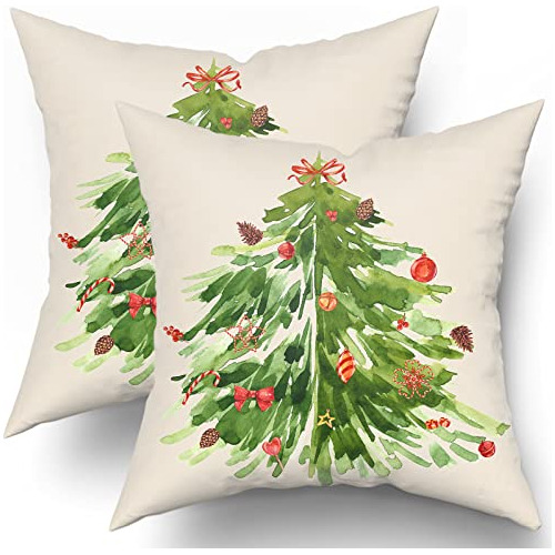 Fundas De Almohada De Árbol De Navidad De Acuarela 18x...