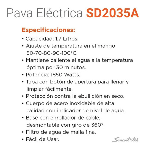 Pava Electrica Smart Tek Sd2035 Acero 1,7 Litros Digital