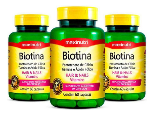 Kit 03 Biotina Cabelo Unhas Vitaminas + Acido Fólico 60 Caps
