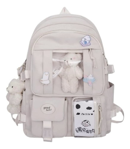 Mochila Escolar Kawaii Con Pin Y Accesorio Bonito En Blanco