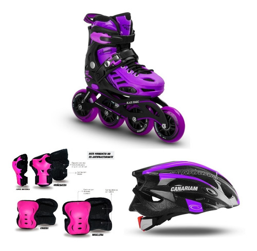 Combo Patines Canariam En Linea Black Magic Con Casco Y Kit