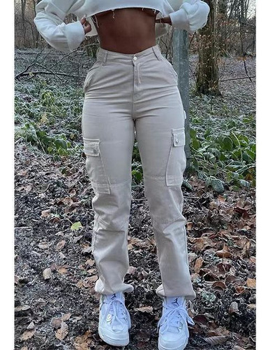 Pantalones Blanco Joggers Tiro Alto De Mujer Cargo Mezclilla