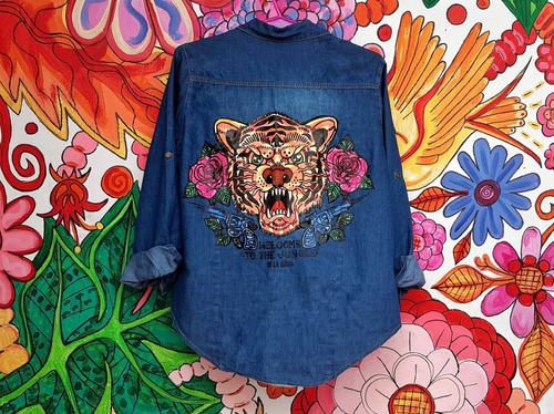 Camisa Jean Estampada Diseño Tigre Pintadas A Mano Handmade