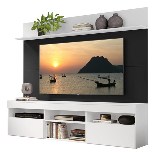 Rack Com Painel E Suporte Tv 65  Madri Multimóveis V3366 Cor Branco/Preto/Branco