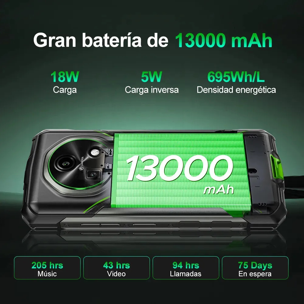 DOOGEE Fire 5 Pro Android 16 Celular Impermeable, 13000mAh 18W, 24GB+128GB/2TB Teléfono Resistente, 6.6'' HD+90Hz, 13MP+8MP, Helio G81/NFC/4G Triple Ranura/Face ID/GPS/OTG/IP68 Verde