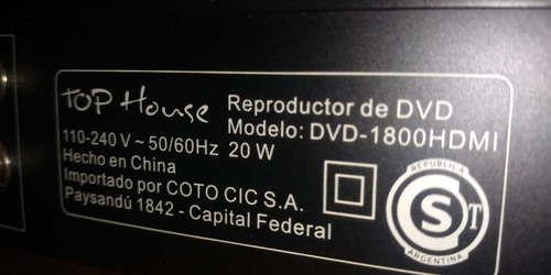 Reproductor De Dvd Dvd-1800 Hdmi Top House Ciudadela
