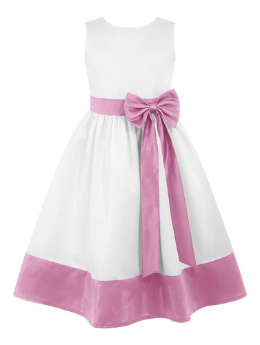 Vestido Blanco Niña Fiesta Paje Bautizo Con Cinto Color Rosa