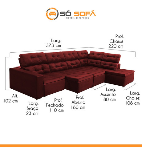Sofá Chaise D Retrátil 373x220 Retrátil Suede Vermelho Bordô