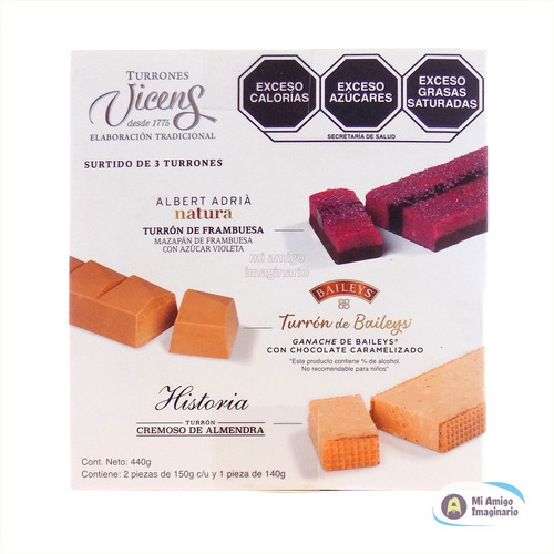 Surtido Turrón Vicens De 3 Frambuesa Baileys Almendra 440g