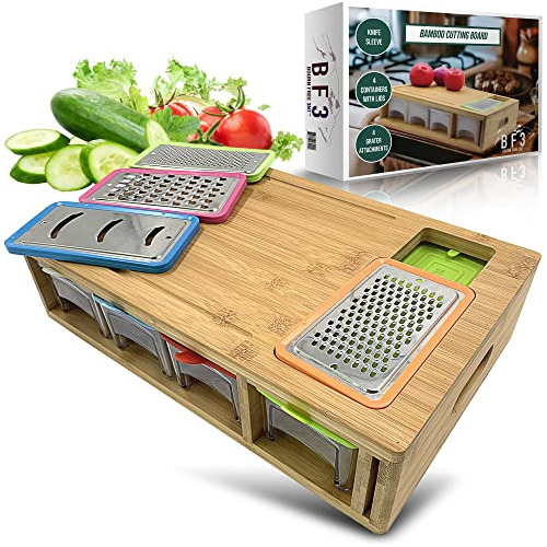 Bamboo Cutting Board With 4 Container Trays With Lids, ...