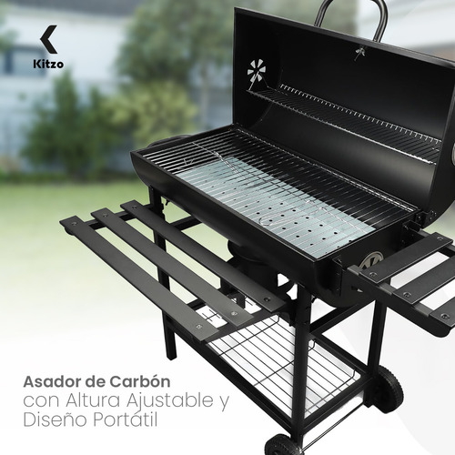 Asador De Carbón Tipo Barril Con Ruedas Acero Inoxidable Parrilla Para Jardin Kitzo
