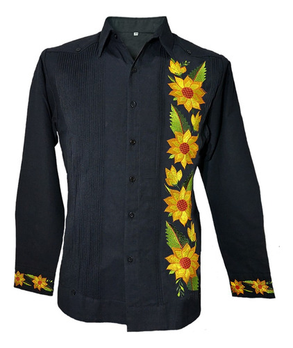 Guayabera Yucateca Bordada De Girasoles Ml. Lino.  Mayakim