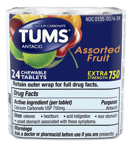 Antiácidos Tums 24 Unidades Masticables Frutales Extra 750