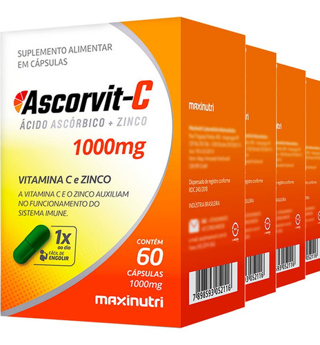 4 Potes Vitamina C 1000mg + Zinco Ascorvit-c Com 60 Cápsulas