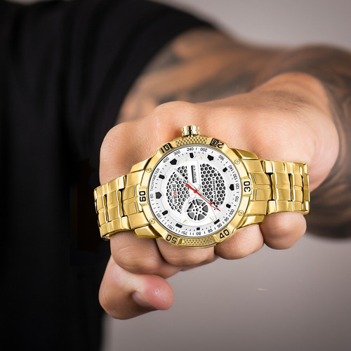 Relógio Masculino Energia Solar Weide Dourado Se0707g-1c