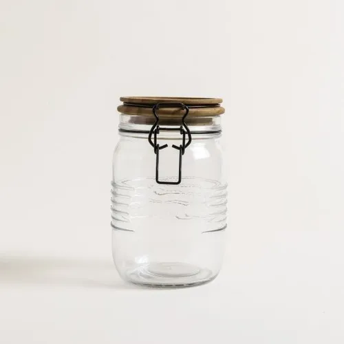 Frasco De Vidrio Tapa Hermetica Madera 1000 Ml Organizador Color Marrón