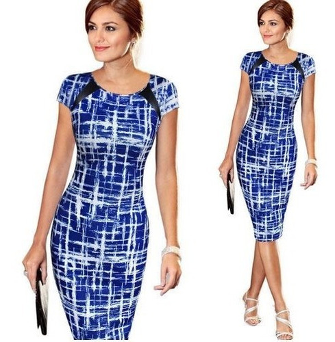 Vestido Estampado Azul Manga Corta Super Oferta