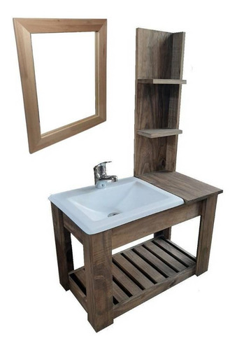 Mueble para baño DF Hogar Colgante con estantes + bacha + espejo de 60cm de ancho, 100cm de alto y 33cm de profundidad, con bacha color blanco y mueble nogal oscuro con un agujero para grifería