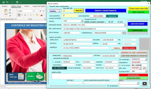 Sistema Recibos De Aluguel E Controle De Imoveis! Excel Vba!