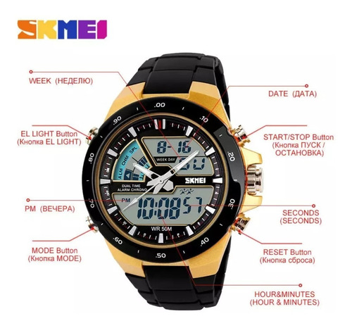 Relógio Masculino Sport Digital Wr50m Dourado Skmei 1016