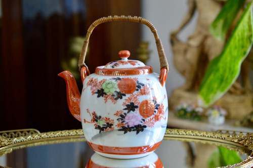 Tetera Porcelana Giokusey Japan Flores Pintado A Mano C1930